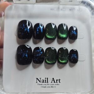 Handmade Cat eye short press on nails Black Blue green Medium